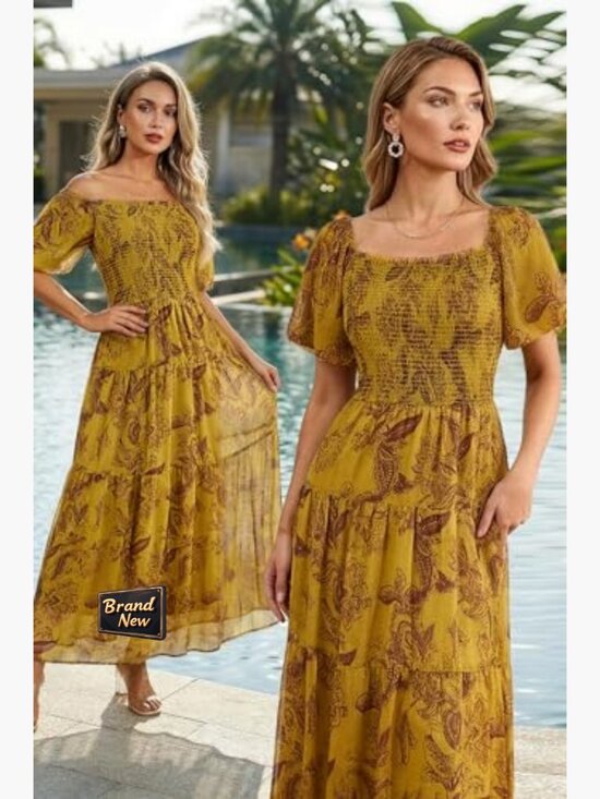 Maxi Dress Square Neck Puff Sleeve Flowy A-Line Summer Casual Boho - Picture 3 of 7